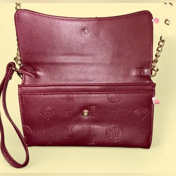Steve Madden Embossed Logo Wristlet/Clutch w/ Chain • Burgundy - Picture 6 of 13